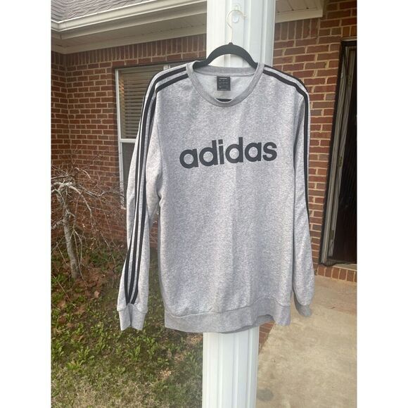 Adidas Men's Pullover Sweatshirt L Gray Cotton 3 Stripe Long Sleeve Crew Neck - Picture 1 of 7
